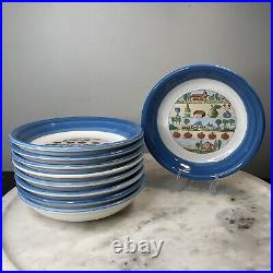 10 Vintage Blue Italian Countryside Pasta Bowls Set of 10