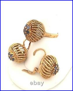 18k Yellow Gold & Blue Sapphire Ring & Earrings 3 piece set Vintage Italian