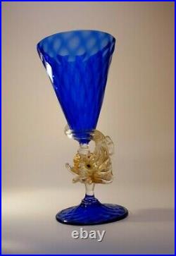 1910s Rare Antonio Salviati 24k Gold Glass Cobalt Champagne Wine Glass Art Piece