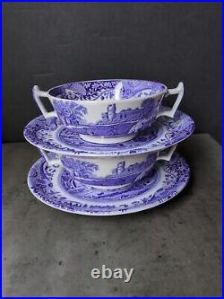 2 Spode Blue Italian Cream Soup Bowls with Underplates England