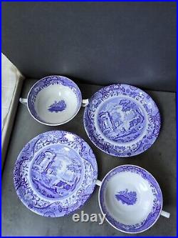 2 Spode Blue Italian Cream Soup Bowls with Underplates England