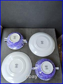 2 Spode Blue Italian Cream Soup Bowls with Underplates England