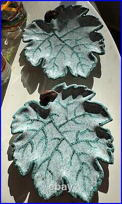 2 Vintage Majolica Leaf Plate Dish Italy Teal Green Italian Art Pottery Signed