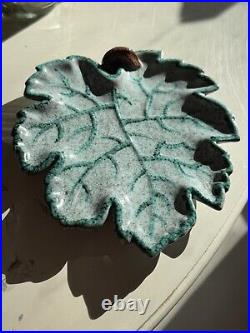 2 Vintage Majolica Leaf Plate Dish Italy Teal Green Italian Art Pottery Signed