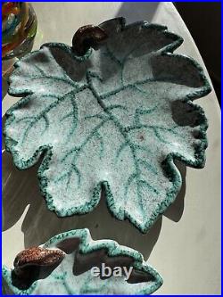 2 Vintage Majolica Leaf Plate Dish Italy Teal Green Italian Art Pottery Signed