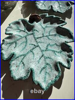 2 Vintage Majolica Leaf Plate Dish Italy Teal Green Italian Art Pottery Signed