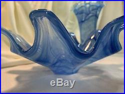 3 piece LOT of MURANO Art Glass Ruffle Vases & Bowl COBALT BLUE SWIRL Eclectic