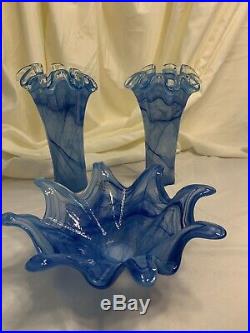 3 piece LOT of MURANO Art Glass Ruffle Vases & Bowl COBALT BLUE SWIRL Eclectic