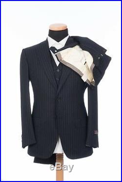 $4980 D'AVENZA Blue Striped Wool 120's 3 Pieces Suit Sewn in Italy 40 US / 50 EU