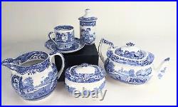 5 Piece Spode Blue Italian Teapot, Cream and Sugar, Cup & Saucer #c1816 ENGLAND