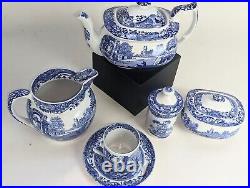 5 Piece Spode Blue Italian Teapot, Cream and Sugar, Cup & Saucer #c1816 ENGLAND