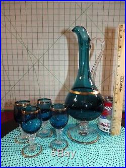 5 Piece Vintage Italy Decanter, Cordial Glasses, Gold & Blue with Twisted Stem