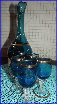 5 Piece Vintage Italy Decanter, Cordial Glasses, Gold & Blue with Twisted Stem