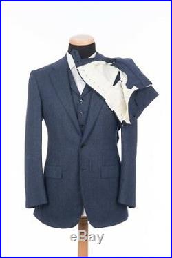 $5495 D'AVENZA Blue Wool Cashmere 3 Pieces Suit Hand-Sewn in Italy 40 US / 50 EU
