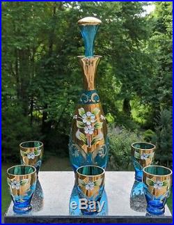 6 Piece Salviati Venetian Murano Italian Glass Cordial Set Ocean Blue 24k Gold