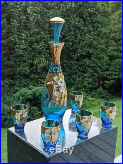 6 Piece Salviati Venetian Murano Italian Glass Cordial Set Ocean Blue 24k Gold