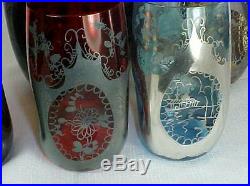 6 Piece Silver Overlay Glass Water Set Pitcher Glasses Red Blue Purple Italy