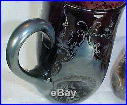 6 Piece Silver Overlay Glass Water Set Pitcher Glasses Red Blue Purple Italy