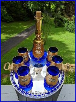 8 Piece Murano Italian Glass Cordial Service Set Cobalt Blue with24k Gold + Tray