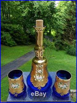 8 Piece Murano Italian Glass Cordial Service Set Cobalt Blue with24k Gold + Tray
