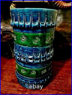 Antique European pottery vase, Italian blue and green pot vase very old signed