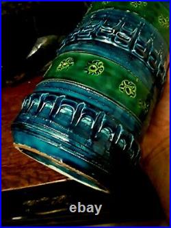 Antique European pottery vase, Italian blue and green pot vase very old signed