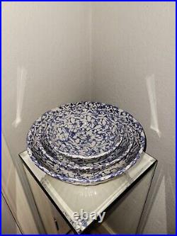 Antique ITALY Pottery Blue Sponge Ware Bowls 12- 10- 8 Diameters Set Of 3