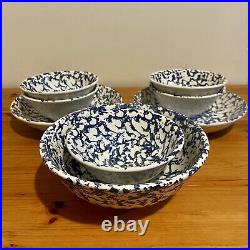 Antique Italian Blue & White Spongeware Salad/Soup Set Of 8