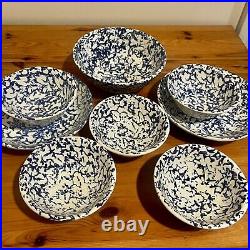 Antique Italian Blue & White Spongeware Salad/Soup Set Of 8