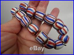 Antique Venetian Red And Blue Strip Glass Italian Trade Beads 14 Pieces