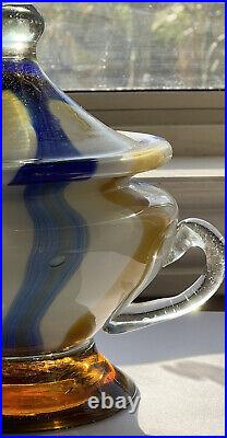 Barbini Gumdrop Murano Cased Blue Caramel Stripe Italy Art Glass Lidded Compote