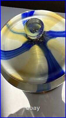 Barbini Gumdrop Murano Cased Blue Caramel Stripe Italy Art Glass Lidded Compote