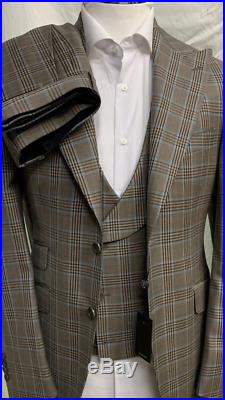 Beige/sky blue/brown super 150 Cerruti 3 piece wool suit with wide peak lapel
