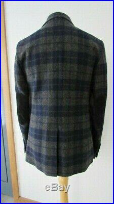Benetton Mens Blue Grey Tartan Wool Casual Jacket With Leather Patch On Sleeves