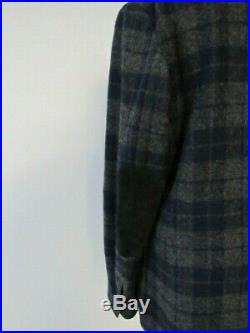 Benetton Mens Blue Grey Tartan Wool Casual Jacket With Leather Patch On Sleeves