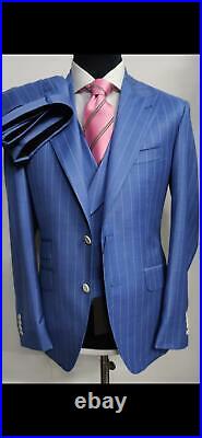 Blue 3 piece pinstripe super 150 Cerruti wool suit with double breasted vest