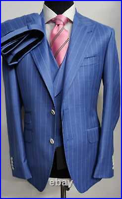 Blue 3 piece pinstripe super 150 Cerruti wool suit with double breasted vest