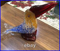 Blue Gold Cobalt Red Tropical Bird Murano Glass Piece 10 Lx 8.5 Hx 3.5across
