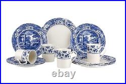 Blue Italian Brocato 12 Piece Dinnerware Set Service for 4 Dinner Plate