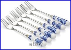 Blue Italian Collection Pastry Forks, Set of Six, Stainless Steel Fork, Porcelai