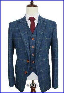 Blue Plaid Wool Men's 3 Piece Suits Tweed Vintage Check Party Prom Suits Travel
