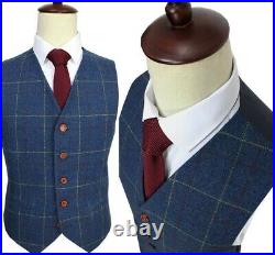 Blue Plaid Wool Men's 3 Piece Suits Tweed Vintage Check Party Prom Suits Travel