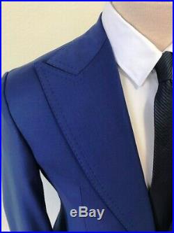 Blue cobalt luxury super 150 Cerruti wool suit with patch pocket wide peak lapel