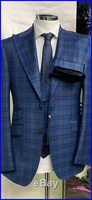 Blue/grey plaid super 150 Cerruti 3 piece wool suit/ wide Tom Ford peak lapel