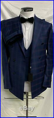 Blue/red super 150 Cerruti 3 piece wool suit with wide peak lapel