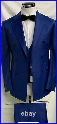 Blue super 150 Cerruti 3 piece wool suit with wide peak lapel double stitched