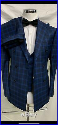 Blue super 150 Cerruti 3 piece wool suit with wide peak lapel double stitched