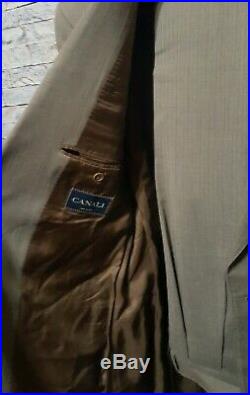 CANALI Mens US 44L 2 Button Wool Beige Blue Pinstripe 2 Piece Italian Suit 34x30