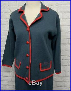 CARINA Two Piece Italian Made Blue Gray 100% Wool Sweater Jacket & Skirt (LARGE)