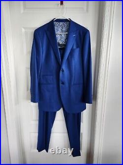 Custom 2 Piece Wool Drago Aldrich Electric Blue Italian Suit 44R. Pants 34x32